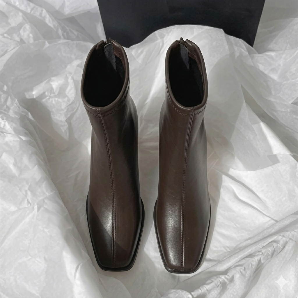 Bota vintage marrom — detalhe zíper bico quadrado