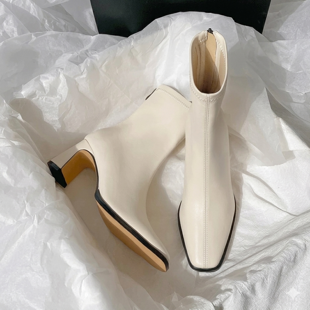Bota feminina cano curto vintage branca bico quadrado salto grosso — vista frontal