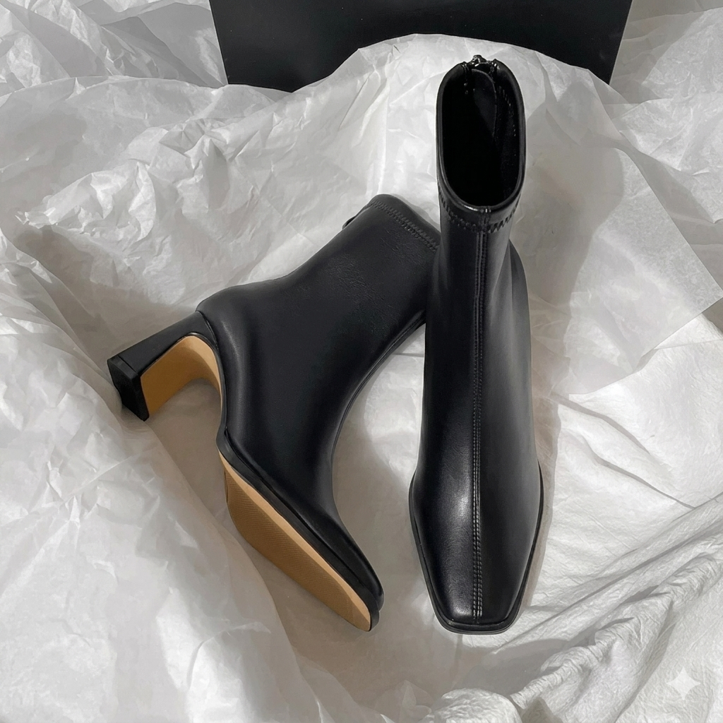 Bota cano curto preta salto grosso — par completo