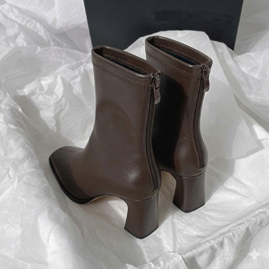 Bota feminina cano curto vintage marrom bico quadrado salto grosso — vista frontal