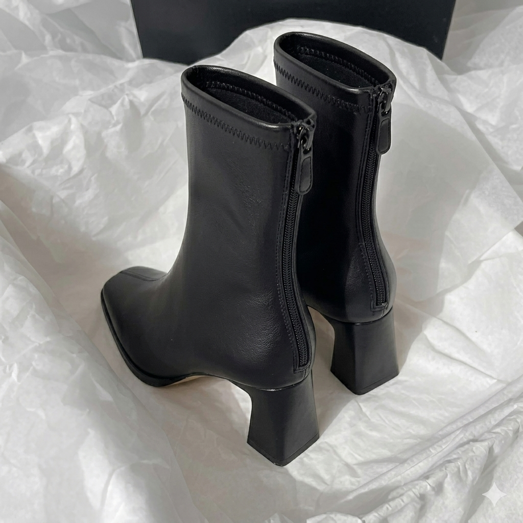 Bota vintage preta — detalhe zíper bico quadrado