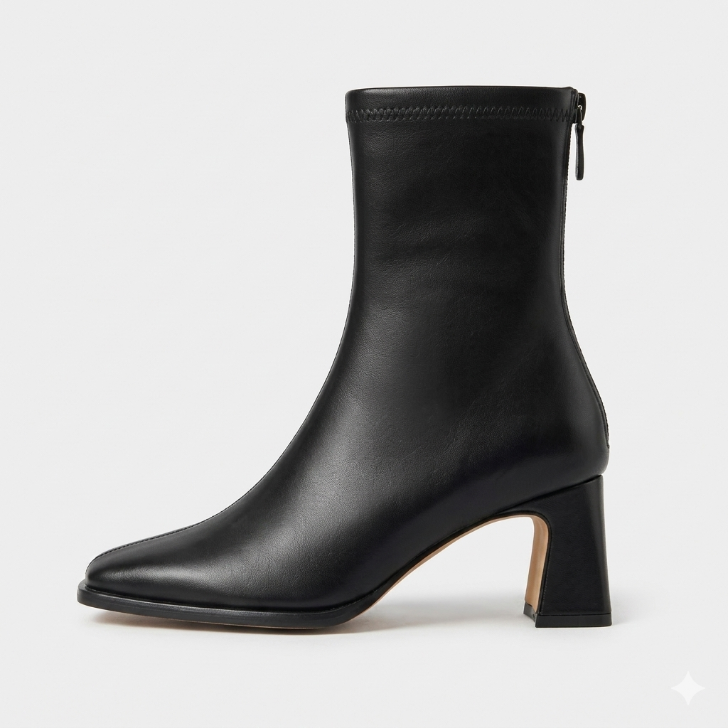Bota feminina cano curto vintage preta bico quadrado salto grosso — vista frontal