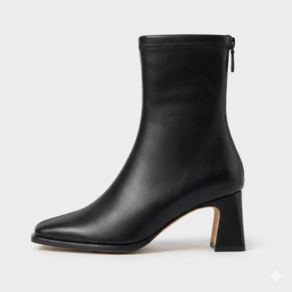 Bota feminina cano curto vintage preta bico quadrado salto grosso — vista frontal