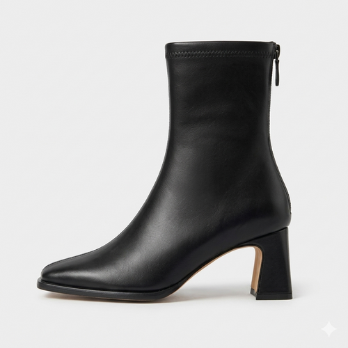 Bota feminina cano curto vintage preta bico quadrado salto grosso — vista frontal