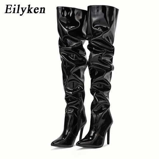 Bota over the knee verniz preta salto stiletto - Valent Calçados
