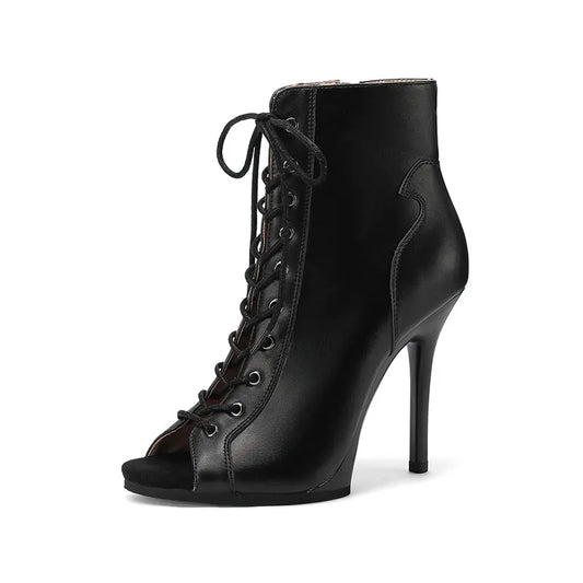 Ankle boot feminina preta salto alto cadarço bico fino - Valent