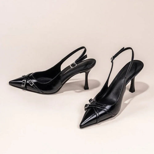 Scarpin feminino bico fino salto fino fivela decorativa preto — vista frontal