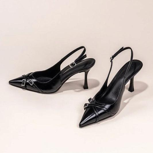 Scarpin feminino bico fino salto fino fivela decorativa preto — vista frontal