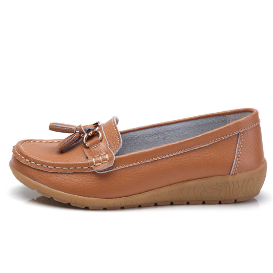 Loafer feminino couro marrom claro tassel metálico - Valent