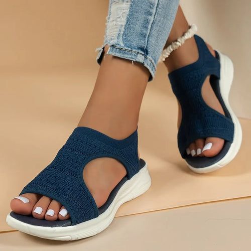Sandália feminina plataforma romana malha knit azul escuro — vista frontal