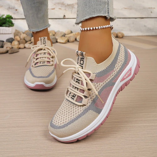Tênis feminino casual bicolor caqui e rosa — vista frontal