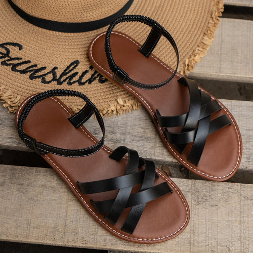 Sandália feminina flat romana tira antiderrapante preta — vista frontal