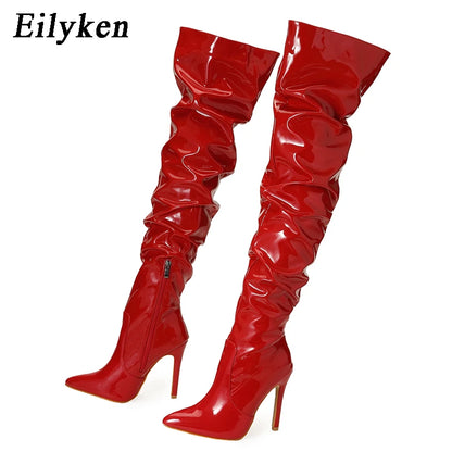 Bota over knee vermelha detalhe zíper stiletto - Valent