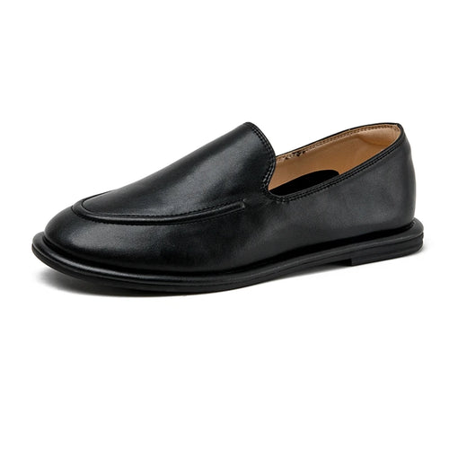 Loafer feminino couro genuíno preto bico redondo slip on - Valent