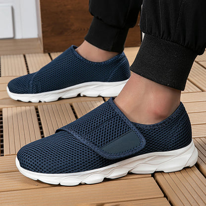 Tênis feminino ortopédico pés largos velcro azul — vista frontal
