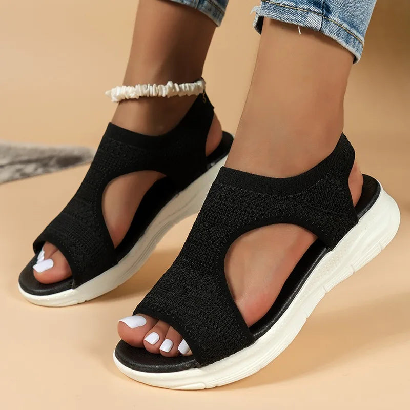 Sandália feminina plataforma romana malha knit preta — vista frontal