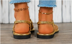 Sandália Feminina Flat Trançada Vazada Clip Toe Praia | Dourada